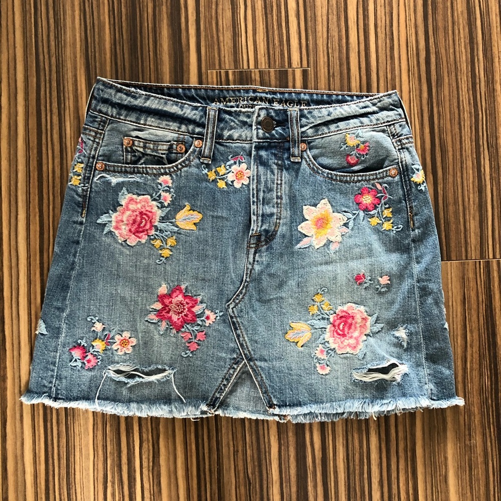 Floral embroidered jean skirt